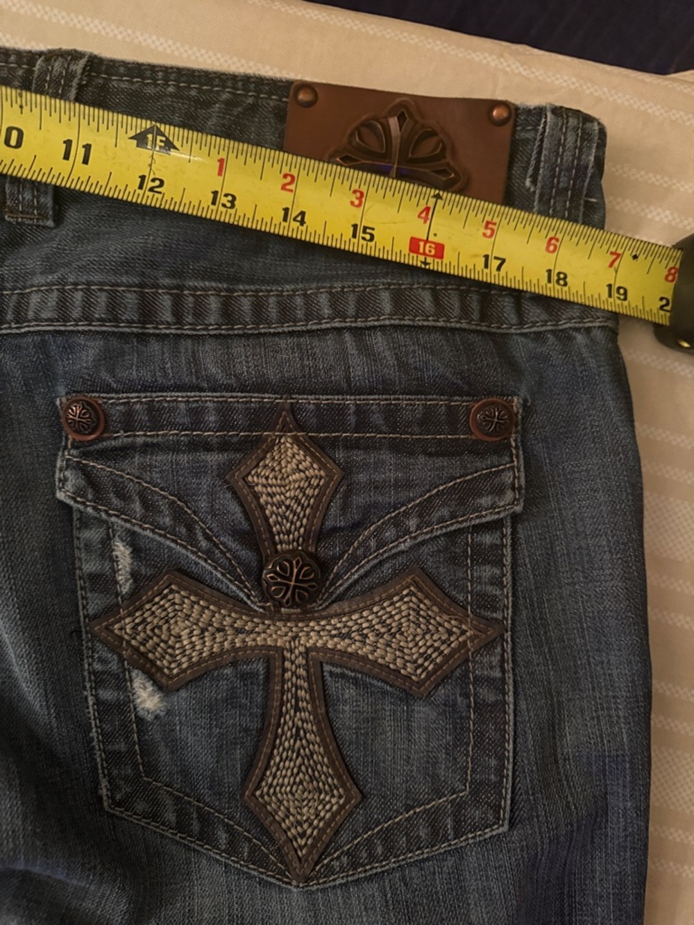 Affliction Distressed Blue Jeans with Embroidered Cross Back Pockets - Picture 8 of 9